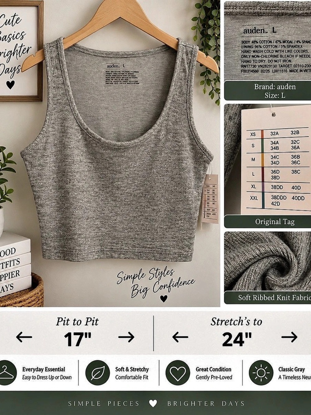 auden Ribbed Knit Crop Tank Gray Large